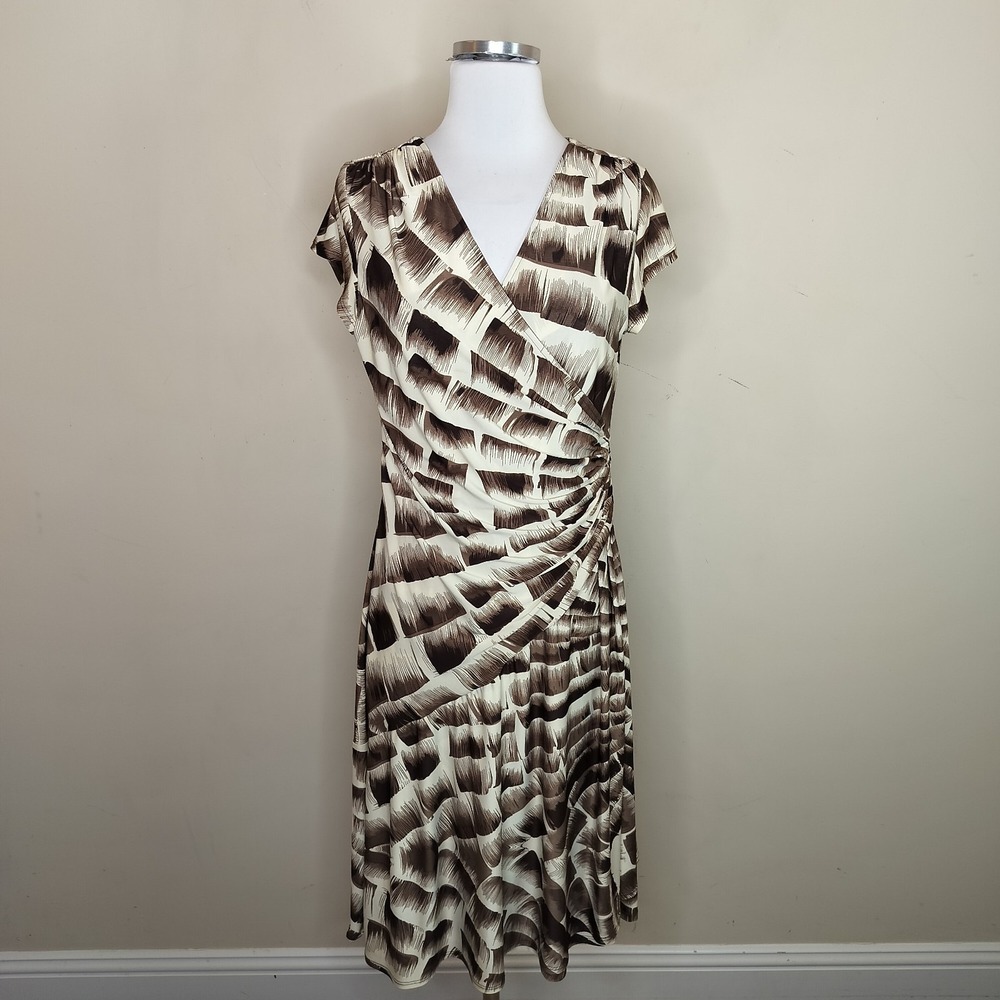 Sharon Max Faux Wrap Dress Brown Ivory Short Sleeve Stretch‎